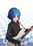  1girl absurdres black_shirt blue_hair bocchi_the_rock! checkered_floor closed_mouth collared_shirt commentary copyright_name cowboy_shot electric_guitar green_eyes guitar highres holding holding_instrument instrument long_sleeves looking_ahead satoko77 shirt short_hair solo twitter_username yamada_ryo 