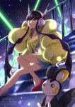  1girl arm_support black_hair blue_eyes buckle closed_mouth commentary_request elesa_(pokemon) emolga headphones long_sleeves looking_down multicolored_hair pokemon pokemon_(creature) pokemon_bw2 red_footwear shirt shoes shorts sidelocks sitting sleeveless sleeveless_shirt stairs streaked_hair watermark yomogi_(black-elf) 