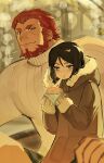  2boys beard black_hair blush brown_coat closed_mouth coat eating facial_hair fate/zero fate_(series) food fur-trimmed_coat fur_trim grey_eyes highres holding holding_food hood hood_down hooded_coat iskandar_(fate) long_sleeves male_focus multiple_boys red_eyes red_hair ribbed_sweater short_hair size_difference sweater tokoni_fusu waver_velvet white_sweater 