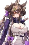  1girl animal_ears apron blush bow braid breasts brown_hair cleavage cleavage_cutout closed_eyes clothing_cutout cosplay extra_ears galleon_(granblue_fantasy) granblue_fantasy hair_between_eyes hair_bow hair_ornament heart heart_hair_ornament highres horns large_breasts long_hair multicolored_hair narmaya_(granblue_fantasy) narmaya_(granblue_fantasy)_(cosplay) narmaya_(valentine)_(granblue_fantasy) osakana_(rrg0123) pointy_ears purple_bow purple_sweater smile solo streaked_hair sweater turtleneck turtleneck_sweater very_long_hair 