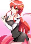  1girl ahoge alternate_costume breasts cleavage collarbone commentary_request dress_shirt hair_ornament hairpin houshi lamia large_breasts long_hair looking_at_viewer miia_(monster_musume) monster_girl monster_musume_no_iru_nichijou office_lady pencil_skirt pointy_ears red_hair scales shirt skirt slit_pupils smile solo tail yellow_eyes 