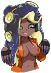  1girl absurdres aqua_eyes black_gloves black_hair blue_hair blue_skin breasts collarbone colored_skin dark-skinned_female dark_skin fingerless_gloves furrowed_brow gloves gradient_hair gradient_skin grin hands_up headphones highres horizontal_pupils jacket lips long_hair long_sleeves marina_(splatoon) medium_breasts mismatched_eyebrows mole mole_under_mouth multicolored_hair multicolored_skin muramasa_mikado navel open_clothes open_jacket orange_jacket pink_lips pink_pupils simple_background smile solo splatoon_(series) splatoon_3 suction_cups teeth tentacle_hair two-tone_hair two-tone_skin white_background 