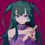  1girl bare_shoulders blue_eyes blunt_bangs blunt_ends choker closed_mouth commentary_request detached_sleeves folded_fan folding_fan green_hair hand_fan hand_up highres holding holding_fan long_hair long_sleeves looking_at_viewer nima_(nimamann) pink_background pretty_series pripara purple_choker purple_shirt shirt simple_background smile solo tsukikawa_chili two_side_up upper_body 