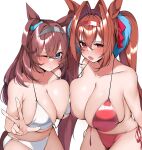  2girls absurdres ahoge animal_ears bikini blue_eyes blush breasts brown_hair closed_mouth collarbone commentary_request commission daiwa_scarlet_(umamusume) fang grey_hairband hair_between_eyes hairband highres horse_ears horse_girl horse_tail huge_breasts kshimu long_hair looking_at_viewer mihono_bourbon_(umamusume) multiple_girls one_eye_closed open_mouth red_bikini red_eyes red_hair red_hairband side-tie_bikini_bottom simple_background skeb_commission smile swimsuit tail umamusume white_background white_bikini 