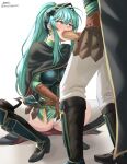  1boy 1girl aqua_eyes aqua_hair armor artist_name boots breastplate brother_and_sister brown_gloves cape censored earrings eirika_(fire_emblem) eirika_(pledged_restorer)_(fire_emblem) ephraim_(fire_emblem) fellatio fire_emblem fire_emblem:_the_sacred_stones fire_emblem_heroes gloves hair_between_eyes heart heart-shaped_pupils highres implied_masturbation incest jewelry long_hair long_sleeves m.a.o masturbation mosaic_censoring official_alternate_costume official_alternate_hairstyle oral panties ponytail siblings sidelocks squatting symbol-shaped_pupils thighhighs twitter_username underwear very_long_hair white_panties white_thighhighs 