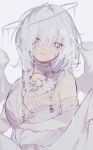  1girl :| angel_wings bandaged_arm bandaged_neck bandages blue_eyes bow bowtie bra breasts cleavage closed_mouth crying crying_with_eyes_open dress gem grey_background hair_between_eyes hair_over_one_eye halo head_tilt highres lace-trimmed_bra lace_trim long_hair looking_at_viewer medium_breasts melting_halo multicolored_eyes namu_ta03 orange_eyes original purple_gemstone simple_background single_bare_shoulder skirt_hold solo stitched_neck stitches tears underwear upper_body white_bow white_bowtie white_bra white_dress white_hair white_wings wings 