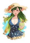  1girl artist_name blue_dress breasts cleavage coconut_cup cropped_torso cup dress fish_skeleton_hair_ornament floral_print flower frilled_dress frills g28_(girls&#039;_frontline) g28_(tropical_storm)_(girls&#039;_frontline) girls&#039;_frontline green_hair hat hat_flower hei_chuan_gui highres holding holding_cup jacket large_breasts long_hair mole mole_on_breast official_alternate_costume one_side_up open_mouth red_eyes see-through see-through_jacket simple_background smile straight-on straw_hat sun_hat teeth upper_teeth_only 