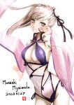  1girl absurdres asymmetrical_hair blue_one-piece_swimsuit bow_swimsuit breasts bun_cover character_name cleavage criss-cross_halter dated fate/grand_order fate_(series) hair_bun halterneck highres large_breasts long_hair looking_at_viewer miyamoto_musashi_(fate) miyamoto_musashi_(swimsuit_berserker)_(fate) miyamoto_musashi_(swimsuit_berserker)_(third_ascension)_(fate) multi-strapped_swimsuit multicolored_clothes multicolored_swimsuit one-piece_swimsuit pink_eyes pink_hair ribbon side-tie_swimsuit simple_background single_side_bun single_sidelock smile solo swept_bangs swimsuit thighs tsukaasa two-tone_swimsuit white_background white_one-piece_swimsuit wide_sleeves 