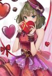  1girl balloon bare_shoulders blue_eyes bow box box_of_chocolates breasts dress frilled_dress frills green_eyes green_hair heart-shaped_box heart_balloon heterochromia highres idolmaster idolmaster_cinderella_girls idolmaster_cinderella_girls_starlight_stage looking_at_viewer medium_breasts mole mole_under_eye nyome991 red_bow red_dress red_headwear red_ribbon ribbon short_hair solo takagaki_kaede valentine wrist_cuffs 