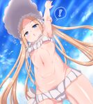  ! 1girl abigail_williams_(fate) abigail_williams_(swimsuit_foreigner)_(fate) absurdres armpits azatychan blonde_hair blue_eyes bow breasts cameltoe cloud cloudy_sky commentary fate/grand_order fate_(series) forehead hair_bow highres long_hair looking_down multiple_hair_bows navel open_mouth outdoors shiny_skin sky small_breasts solo stretching sunlight swimsuit water_drop white_headwear 