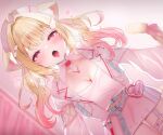  1girl absurdres animal_ears blonde_hair breasts cat_ears cat_girl cat_tail cleavage cleavage_cutout clothing_cutout collarbone commentary_request commission dress hat heart highres kemomimi_refle! large_breasts long_hair looking_at_viewer naughty_face nekoma_karin nurse nurse_cap open_mouth pink_dress pink_headwear pink_ribbon red_eyes ribbon saliva saliva_trail skeb_commission solo tail tail_ornament tail_ribbon tongue twintails wing_hair_ornament yu_lei 