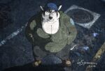 2019 anthro artist_name belly big_breasts blue_eyes bottomwear breasts brown_hair canid canine canis clothing digital_media_(artwork) female footwear fur grey_body grey_fur hair hand_in_pocket hat headgear headwear huge_breasts mammal multicolored_body multicolored_fur overweight overweight_anthro overweight_female pants pockets road shoes solo sophia_(xxsparcoxx) sweatshirt thick_thighs two_tone_body two_tone_fur wolf xxsparcoxx