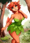2024 activision anthro breasts brown_body brown_fur brown_hair clothing collarbone elora eyebrows eyelashes faun_(spyro) female fur green_eyes hair hand_on_shoulder hi_res leaf_clothing looking_at_viewer mammal notched_ear open_mouth outside plant short_hair solo spyro_the_dragon tan_body tan_fur tree