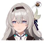  1girl absurdres artist_name black_hairband black_jacket blue_eyes blue_pupils blue_ribbon blush bow closed_mouth collared_shirt crossed_bangs crying crying_with_eyes_open firefly_(honkai:_star_rail) furrowed_brow green_bow grey_hair hair_between_eyes hair_bow hair_intakes hair_ribbon hairband highres honkai:_star_rail honkai_(series) jacket long_hair looking_at_viewer pink_eyes ribbon rinne_xieli shirt sidelocks simple_background solo streaming_tears tears thought_bubble two-tone_eyes wavy_mouth white_background white_shirt 