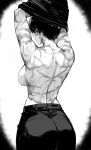  1girl absurdres ass bare_back bare_shoulders black_hair black_pants breasts burn_scar glasses greyscale highres jujutsu_kaisen looking_at_viewer monochrome pants scar short_hair solo steaming_body sweat undressing zen&#039;in_maki zovokia 