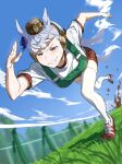  1girl animal_ears blue_bow blue_sky blush bow brown_headwear cloud commentary_request day dirt ear_bow ear_covers fence flying_sweatdrops full_body gold_ship_(umamusume) grass grey_hair grin gym_uniform highres horse_ears horse_girl koppe_koppe long_hair motion_blur outdoors pillbox_hat pink_eyes race_bib racetrack red_footwear red_shorts running shirt shoes short_sleeves shorts sky smile sneakers solo sweat teeth thighhighs tree umamusume very_long_hair white_shirt white_thighhighs 