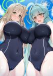  2girls abydos_high_school_swimsuit ahoge bare_arms bare_legs bare_shoulders black_one-piece_swimsuit blue_archive blush breasts closed_mouth dyne_gallon green_eyes green_hair green_halo halo highres huge_ahoge large_breasts light_brown_hair long_hair multiple_girls nonomi_(blue_archive) one-piece_swimsuit open_mouth school_swimsuit smile swimsuit yellow_eyes yume_(blue_archive) 