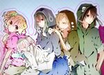  3girls anger_vein bad_id bad_pixiv_id blonde_hair casual creator_connection dress green_hair hakuri hood hoodie hug kagerou_project kano_shuuya kido_tsubomi kisaragi_attention_(vocaloid) kisaragi_momo kozakura_marry long_hair mekakushi_code_(vocaloid) multiple_boys multiple_girls open_mouth red_eyes seto_kousuke short_hair silver_hair smile souzou_forest_(vocaloid) vocaloid yellow_eyes 