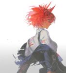  1girl animal_ears arknights bird_ears black_jacket breasts collared_shirt fiammetta_(arknights) highres jacket looking_at_viewer open_clothes open_jacket red_eyes red_hair shirt short_hair simple_background solo white_shirt wixcuwi 