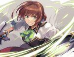  1girl artist_name aura bow bowtie brown_hair commentary_request duvalie eiyuu_densetsu green_bow green_bowtie green_eyes grey_background hair_intakes holding holding_shield holding_sword holding_weapon looking_at_viewer medium_hair riarashu_(pixiv3133536) sen_no_kiseki sen_no_kiseki_iv shield smile solo sword teeth twitter_username weapon 