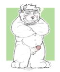 &lt;3 2024 3_toes anthro balls bear belly blush erection feet genitals goujuyu hi_res kemono male mammal navel one_eye_closed penis saigou_shirou sengoku_puzzle simple_background slightly_chubby solo toes wink