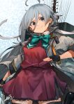  1girl ahoge aqua_bow aqua_bowtie black_gloves black_thighhighs bow bowtie coat dress fingerless_gloves gloves grey_coat grey_eyes grey_hair hair_between_eyes halter_dress halterneck highres kantai_collection kiyoshimo_(kancolle) kiyoshimo_kai_ni_(kancolle) long_hair low_twintails machinery purple_dress signature smile solo sunday_aki thighhighs twintails v-shaped_eyebrows 