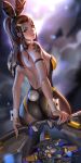  1girl animal_ears ass black_pantyhose breasts brigitte_(overwatch) brown_eyes brown_hair detached_collar fake_animal_ears freckles from_behind highres large_breasts leotard liang_xing lips long_hair looking_at_viewer overwatch pantyhose playboy_bunny ponytail rabbit_ears rabbit_tail shoulder_tattoo solo strapless strapless_leotard tail tattoo two-tone_leotard wrist_cuffs 