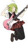  1girl ahoge black_pantyhose black_vest closed_eyes electric_guitar green_hair guitar gumi highres holding holding_guitar holding_instrument instrument jumping loafers necktie open_mouth otooohu0102 pantyhose plaid plaid_skirt plectrum red_necktie school_uniform setsuna_trip_(vocaloid) shoes short_hair skirt solo vest vocaloid white_background 