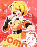  bad_id bad_pixiv_id belt blonde_hair chain collar detached_sleeves dress frills kagerou_project kisaragi_attention_(vocaloid) kisaragi_momo looking_at_viewer microphone music one_eye_closed open_mouth pointing pointing_at_viewer red_eyes short_hair side_ponytail singing solo vocaloid yamarisu_(ymrs) 