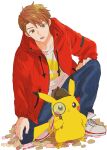  1boy :o brown_hair brown_headwear coat denim detective_pikachu detective_pikachu_(character) hand_on_own_leg hat highres hinata_(ryohinata) jeans magnifying_glass male_focus pants pikachu pokemon pokemon_(creature) red_coat shirt shoes sneakers tim_goodman white_background white_shirt 