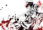  arisu_(nine_avenue) bad_id bad_pixiv_id belt blade_master_(elsword) blood edan_(elsword) elsword gauntlets hat male_focus monochrome raven_(elsword) red_eyes smile solo spot_color sword uniform weapon white_background 