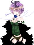  bad_id bad_pixiv_id black_legwear blue_flower blue_rose breasts cleavage flower garry_(ib) garter_belt genderswap genderswap_(mtf) hair_over_one_eye ib jacket krururu nail_polish purple_eyes purple_hair rose short_hair short_shorts shorts small_breasts smile solo strap_slip tank_top thighhighs 