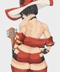  abs bare_shoulders black_hair bob_cut boots choker electric_guitar glasses guilty_gear guilty_gear_strive guitar hat highres i-no instrument lips mole muscular red_footwear red_headwear red_lips short_hair thigh_boots witch_hat yoracrab 