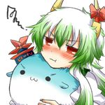  :3 :t annoyed blush chibi ex-keine green_hair hat horn_ribbon horns kamishirasawa_keine kamishirasawa_keine_(hakutaku) pout rebecca_(keinelove) ribbon role_reversal solid_circle_eyes sukusuku_hakutaku tail touhou v-shaped_eyebrows 