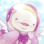  1girl artist_name beluga_whale bodysuit chiimako closed_eyes gnosia happy helmet long_sleeves looking_at_viewer no_humans open_mouth otome_(gnosia) pink_bodysuit sky smile solo space_helmet upper_body 