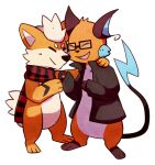 3_fingers 3_toes alpha_channel anthro cheek_tuft clothing duo eyes_closed eyewear facial_tuft feet fingers fur generation_1_pokemon glasses growlithe head_tuft ieaka jacket male nintendo open_mouth orange_body orange_fur pokemon pokemon_(species) raichu scarf simple_background tan_body tan_fur tanashi toes tongue topwear transparent_background tuft