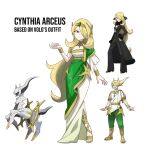  1boy 1girl alternate_costume arceus bracelet breasts character_name circlet commentary cynthia_(pokemon) dress english_commentary gold_trim grey_eyes hair_over_one_eye highres jewelry long_dress long_hair official_art_inset pencil_dress pokemon pokemon_(creature) pokemon_dppt pokemon_legends:_arceus reference_inset rhymewithray simple_background toes very_long_hair volo_(pokemon) white_background 