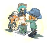  3girls :d ^_^ animal_ears aqua_coat aqua_hair bear_ears black_footwear black_sweater blue_eyes blue_headwear boots cellphone closed_eyes coat cowboy_hat explosher_(splatoon) fake_animal_ears flip_phone fur_collar grey_pants grey_sweater hat headphones holding holding_phone inkling_girl inkling_player_character long_hair long_sleeves multiple_girls muramasa_mikado octoling_girl octoling_player_character open_mouth orange_hair outstretched_arms pants phone pointy_ears shadow short_hair sleeves_past_wrists smile splatoon_(series) squatting standing suction_cups sweater sweatpants teeth tentacle_hair 