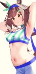  1girl absurdres adjusting_hair animal_ears armpits arms_up breasts brown_hair cleavage commentary_request groin hair_between_eyes hair_ornament highres horse_ears horse_girl horse_tail matikane_tannhauser_(blue_turbulence)_(umamusume) matikane_tannhauser_(umamusume) medium_breasts navel official_alternate_costume official_alternate_hairstyle open_mouth ponta_(1859ysmssstsp) shorts simple_background tail to_be_continued triangle_mouth umamusume white_background yellow_eyes 