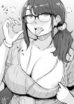  1girl :d absurdres alcohol beer breasts cleavage dated earrings fellatio_gesture glasses greyscale hadashi_no_kenji hair_ornament hair_scrunchie hand_up highres jewelry lanyard large_breasts long_hair looking_at_viewer mature_female monochrome nipples original ponytail pulled_by_self ribbed_shirt scrunchie shirt smile solo stud_earrings tongue tongue_out upper_body 