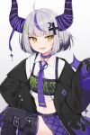  ahoge demon_horns grey_hair highres hololive horns la+_darknesss long_sleeves looking_at_viewer multicolored_hair open_mouth sleeves_past_wrists smile solo streaked_hair striped_horns swon_(joy200892) virtual_youtuber 
