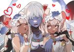  3girls animal_ears apron armor bare_shoulders bikini_armor blue_eyes blue_skin blush bracelet breasts cleavage closed_eyes colored_skin daikokuten_(fate) dark-skinned_female dark_skin dress earrings extra_arms fate/grand_order fate_(series) hair_ribbon headpat heart highres jewelry kali_(fate) large_breasts long_hair long_sleeves maid_headdress medium_breasts mouse_ears mouse_girl multiple_girls neck_ring necklace no-kan one_eye_closed open_mouth red_eyes revealing_clothes ribbon sash short_hair small_breasts smile third_eye thumb_ring twintails very_long_hair white_apron white_hair 