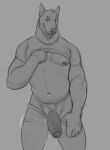 2022 anthro bedroom_eyes belly big_penis biped boxer_briefs boxer_briefs_down bull_terrier canid canine canis cillaroz clothed clothing clothing_lift clothing_pull domestic_dog erection fangs foreskin front_view fur genitals grey_background greyscale hi_res hunting_dog looking_at_viewer male mammal monochrome musclegut muscular muscular_anthro muscular_arms muscular_male muscular_thighs narrowed_eyes navel nipples open_mouth open_smile pecs penis portrait presenting presenting_penis pubes seductive shirt shirt_lift signature simple_background slightly_chubby slightly_chubby_anthro slightly_chubby_male smile solo teeth terrier three-quarter_portrait topwear underwear underwear_pull undressing vein veiny_penis