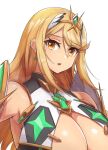  1girl :d angoha bare_shoulders blonde_hair breasts cleavage cleavage_cutout clothing_cutout core_crystal_(xenoblade) dress earrings elbow_gloves english_commentary gloves highres jewelry large_breasts long_hair looking_at_viewer mythra_(xenoblade) open_mouth simple_background smile solo swept_bangs upper_body very_long_hair white_background white_dress white_gloves xenoblade_chronicles_(series) xenoblade_chronicles_2 yellow_eyes 