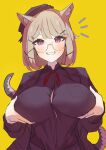  1girl absurdres animal_ear_fluff animal_ears arknights black_skirt blonde_hair breasts button_gap dress_shirt glasses hair_ornament hairclip highres large_breasts long_sleeves looking_at_viewer official_alternate_costume purple_eyes shirt short_hair skirt smile snake_tail solo tail tiger_ears upper_body utage_(arknights) utage_(disguise)_(arknights) yashiro3108 yellow_background 