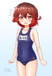  1girl bare_legs blue_background brown_eyes brown_hair cowboy_shot gradient_background gradient_hair highres kantai_collection looking_at_viewer multicolored_hair mutsuki_(kancolle) old_school_swimsuit open_mouth red_hair school_swimsuit short_hair signature solo swimsuit zanne 