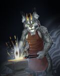 anthro anvil apron apron_only brown_markings clothing digital_media_(artwork) digital_painting_(artwork) ear_tuft felid feline female fluffy fluffy_ears fur green_eyes grey_body grey_fur hammer hi_res horn lynx mammal markings metal ponynok smithing solo strong_female tongs tools tuft white_markings