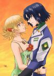  1boy 1girl absurdres athrun_zala blonde_hair blue_hair breasts cagalli_yula_athha cleavage couple dress eye_contact flower green_dress green_eyes gundam gundam_seed gundam_seed_freedom hair_flower hair_ornament hand_on_another&#039;s_back hand_on_another&#039;s_waist highres hug looking_at_another military_uniform mutual_hug nagisa_(nagi7mayn) short_hair signature smile sunset uniform yellow_eyes 