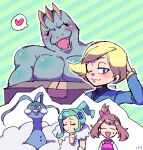  1boy 2girls altaria blonde_hair chaz_(pokemon) closed_eyes cozqqq green_hair heart lisia_(pokemon) looking_at_viewer machoke may_(pokemon) multiple_girls one_eye_closed pokemon pokemon_(creature) pokemon_oras red_lips shaded_face signature striped_background sweat watch wristwatch 