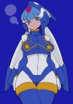  1girl absurdres android blue_background blue_eyes blue_footwear blue_helmet boots breasts buzzlyears covered_navel crop_top crotch_plate fairy_leviathan_(mega_man) helmet highres looking_at_viewer mega_man_(series) mega_man_zero_(series) ringed_eyes simple_background solo star_(symbol) thigh_boots upper_body 